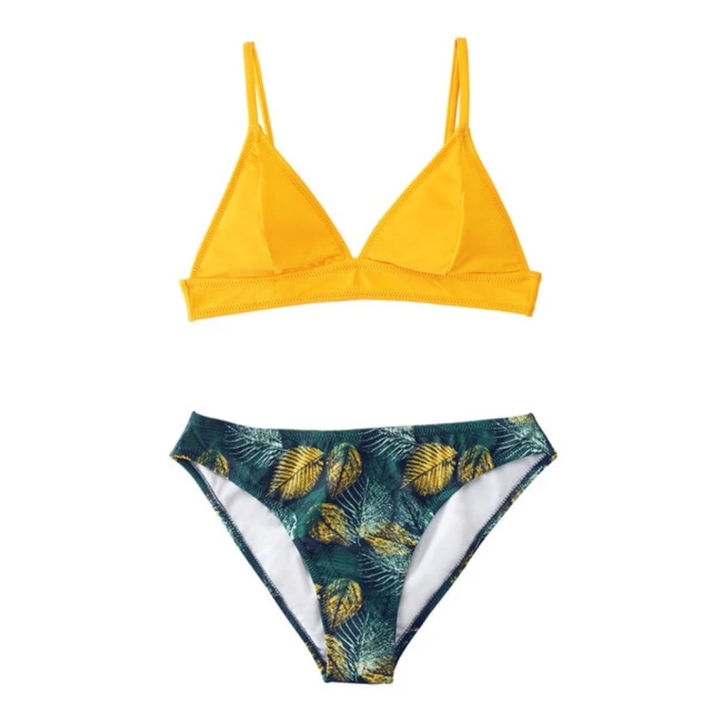 Yellow Tropical Leaf Print Two Piece Bikini Swimsuit Set NWT‎ Size S